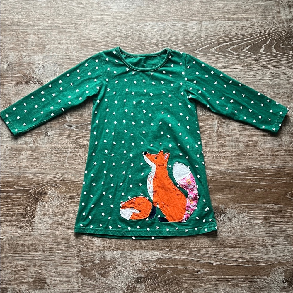 Green and White Star Print Long Sleeve Fox Embroidered Dress size 5Y
